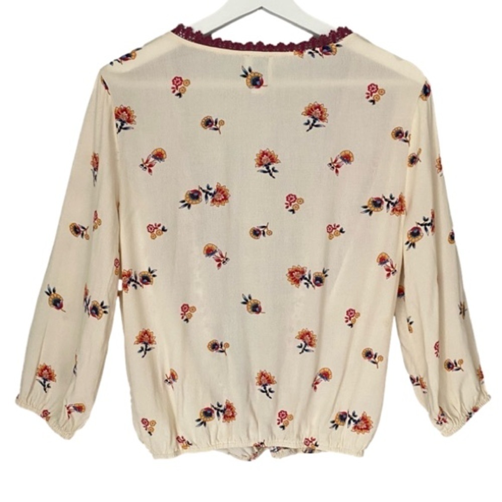 BLUE RAIN Blouse Surplice Boho Floral Creamy White Burgundy Trim Women Size S - Picture 7 of 15